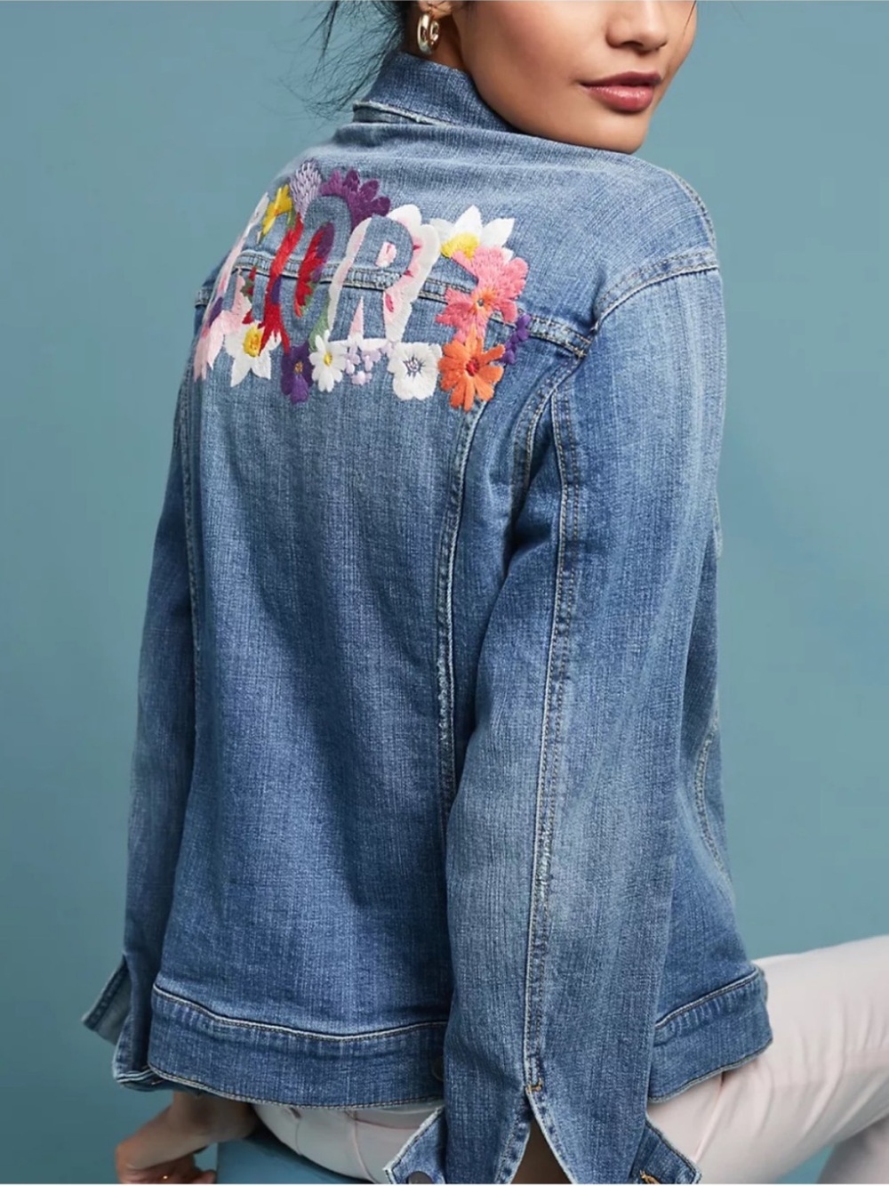 Pilcro Light Blue Denim Jacket with Embroidered Amore - Anthropologie